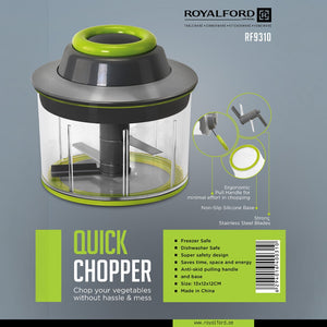 Royalford RF9310 Quick Chopper | Fast & Hassle-Free Food Preparation Tool |  Vegetable & Fruit Chopping with Strong Stainless Steel Blades and Safe Compact Design