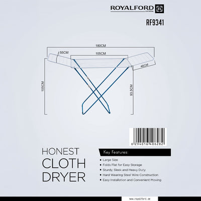 Royalford Honest Cloth Dryer RF9341 | Large Foldable Heavy Duty Laundry Drying Stand | Steel Wire Construction | For Indoor , Outdoor, Home Balcony & Bathroom Use