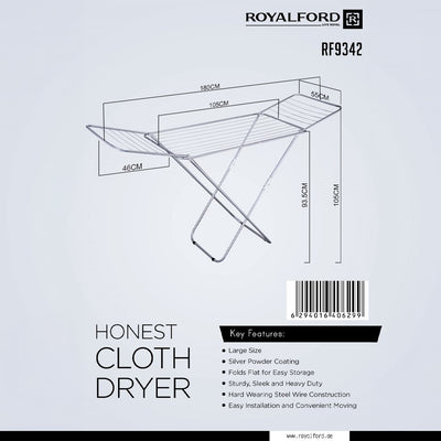 Royalford RF9342 Honest Cloth Dryer | Large Foldable Steel Clothes Drying Rack | Silver Powder Coating| Heavy-Duty Wire Construction & Space-Saving Design for Home Use