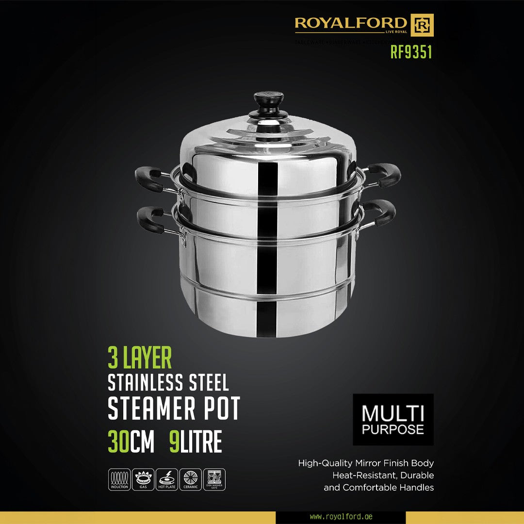 Royalford RF9351 3-Layer Stainless Steel Steamer Pot 9L | Multi-Purpose 30CM Induction-Compatible Cooking Steamer for Efficient| Nutritious Meal Preparation at Home