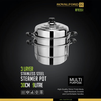 Royalford RF9351 3-Layer Stainless Steel Steamer Pot 9L | Multi-Purpose 30CM Induction-Compatible Cooking Steamer for Efficient| Nutritious Meal Preparation at Home