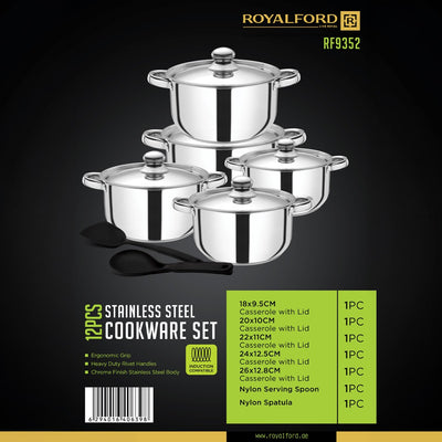 Royalford RF9352 Stainless Steel 12-Piece Cookware Set | 5 Casserole Pots with Lids| Induction Compatible| Ergonomic Rivet Handles & Nylon Tools| Durable Premium Cookware