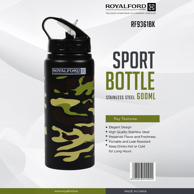 Royalford RF9361BK Sport Bottle 600ml | Stainless Steel Hot & Cold Insulated Water Bottle | Leak Resistant Lid | Portable Design for Gym, Travel, Office & Outdoor Use