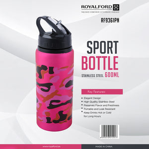 Royalford RF9361PN Sport Bottle 600ml | Stainless Steel Hot & Cold Insulated Water Bottle | Leak Resistant Lid | Portable Design |  Perfect for Gym, Travel & Office