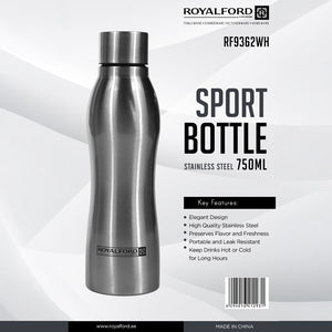 Royalford RF9362WH Stainless Steel Sport Bottle | 750ml | Leak Resistant Reusable Water Bottle for Gym, Office, Travel  & Outdoor Use with Durable Sleek Design