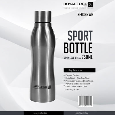 Royalford RF9362WH Stainless Steel Sport Bottle | 750ml | Leak Resistant Reusable Water Bottle for Gym, Office, Travel  & Outdoor Use with Durable Sleek Design