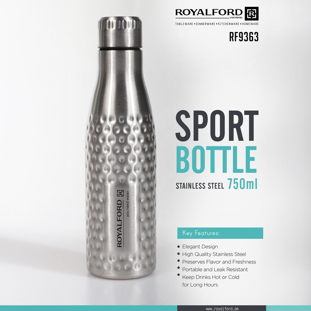 Royalford RF9363 Stainless Steel Sport Bottle 750ml | Durable Leak Resistant Water Bottle | Elegant Design for Gym, Office, Travel, Outdoor Sports & Daily Hydration Use