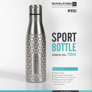 Royalford RF9363 Stainless Steel Sport Bottle 750ml | Durable Leak Resistant Water Bottle | Elegant Design for Gym, Office, Travel, Outdoor Sports & Daily Hydration Use