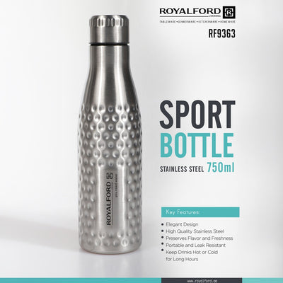 Royalford RF9363 Stainless Steel Sport Bottle 750ml | Durable Leak Resistant Water Bottle | Elegant Design for Gym, Office, Travel, Outdoor Sports & Daily Hydration Use