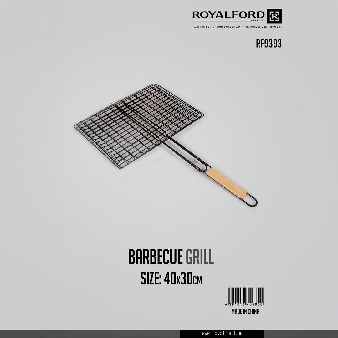 Royalford RF9393 Barbecue Grill Basket | 40×30cm Size | Durable Metal BBQ Grill | Heat Resistant Wooden Handle |Perfect  for Outdoor Barbecue Cooking and Camping Use