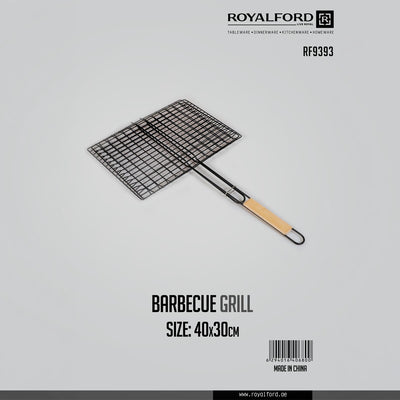 Royalford RF9393 Barbecue Grill Basket | 40×30cm Size | Durable Metal BBQ Grill | Heat Resistant Wooden Handle |Perfect  for Outdoor Barbecue Cooking and Camping Use