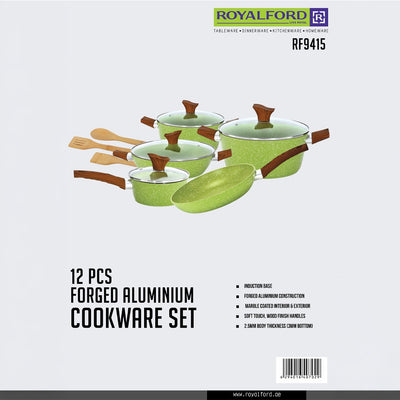 Royalford RF9415 12 Pcs Forged Aluminium Cookware Set | Marble Coated Non-Stick| Induction Base Soft Touch Wood Finish Handles |Suitable for Gas, Electric & Ceramic