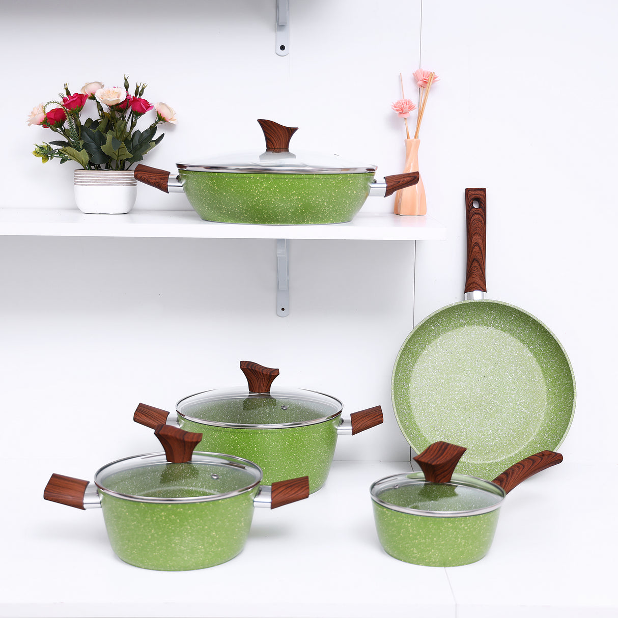 Royalford 12-Piece Forged Aluminum Cookware Set with Marble Coating-RF9415| Includes Casseroles, Sauce Pan, Wok Pan, Fry Pan, and Wooden Turners, Green