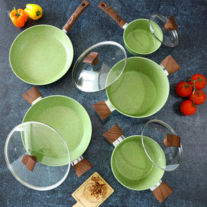 Royalford 12-Piece Forged Aluminum Cookware Set with Marble Coating-RF9415| Includes Casseroles, Sauce Pan, Wok Pan, Fry Pan, and Wooden Turners, Green