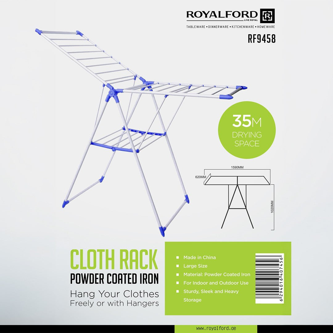 Royalford RF9458 Cloth Rack | 35M Drying Space Powder Coated Iron Foldable Laundry Drying Stand Heavy Duty Design for Indoor and Outdoor, Home, Balcony & Bathroom Use