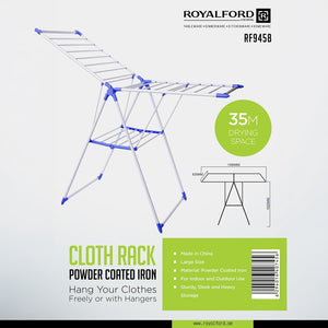 Royalford RF9458 Cloth Rack | 35M Drying Space Powder Coated Iron Foldable Laundry Drying Stand Heavy Duty Design for Indoor and Outdoor, Home, Balcony & Bathroom Use