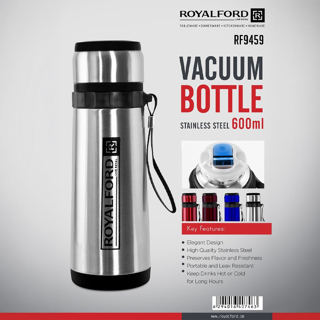 Royalford RF9459 Vacuum Bottle 600ml | Stainless Steel Double Wall Insulated Hot & Cold Water Bottle | Leak Resistant Lid for Office, Travel , Gym &  Outdoor Use