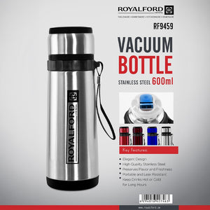 Royalford RF9459 Vacuum Bottle 600ml | Stainless Steel Double Wall Insulated Hot & Cold Water Bottle | Leak Resistant Lid for Office, Travel , Gym &  Outdoor Use