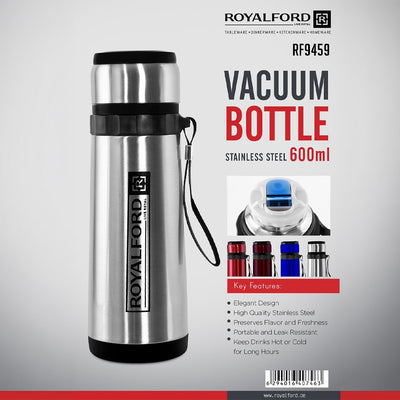 Royalford RF9459 Vacuum Bottle 600ml | Stainless Steel Double Wall Insulated Hot & Cold Water Bottle | Leak Resistant Lid for Office, Travel , Gym &  Outdoor Use