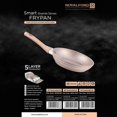 Royalford Smart Granite Frypan RF9464BGE | 5-Layer Forged Aluminium Non-Stick Pan with Induction Base | Granite Coating | Soft-Touch Handle & Multi-Hob Compatibility