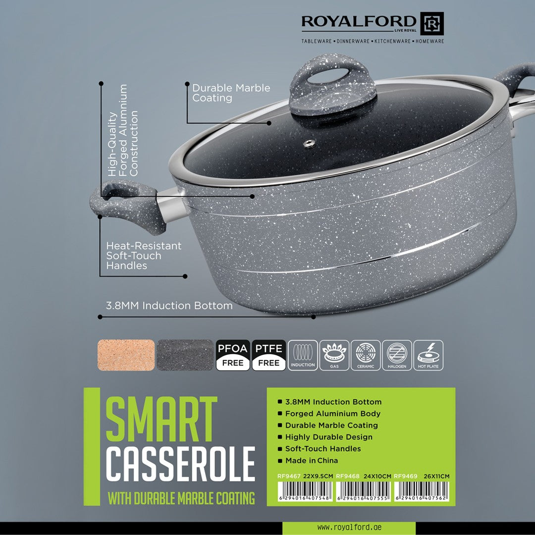 Royalford RF9467 Smart Granite Series Casserole | Forged Aluminium Marble Coated Induction Compatible Cooking Pot | Glass Lid | Perfect for Daily Healthy Cooking