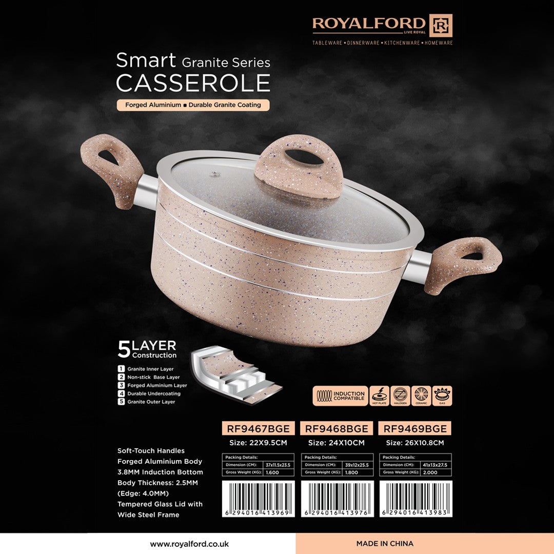 Royalford RF9467BGE Smart Granite Series Casserole |  Forged Aluminium Granite Coated Induction Compatible Cooking Pot | Glass Lid | Perfect For Healthy Daily Use