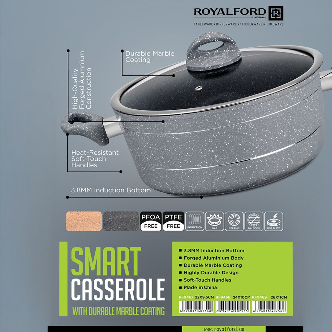 Royalford RF9468 Smart Granite Series Casserole  | Forged Aluminium Marble Coated Induction Compatible Cooking Pot | Glass Lid | Perfect For Healthy Everyday Cooking