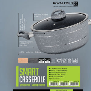 Royalford RF9468 Smart Granite Series Casserole  | Forged Aluminium Marble Coated Induction Compatible Cooking Pot | Glass Lid | Perfect For Healthy Everyday Cooking
