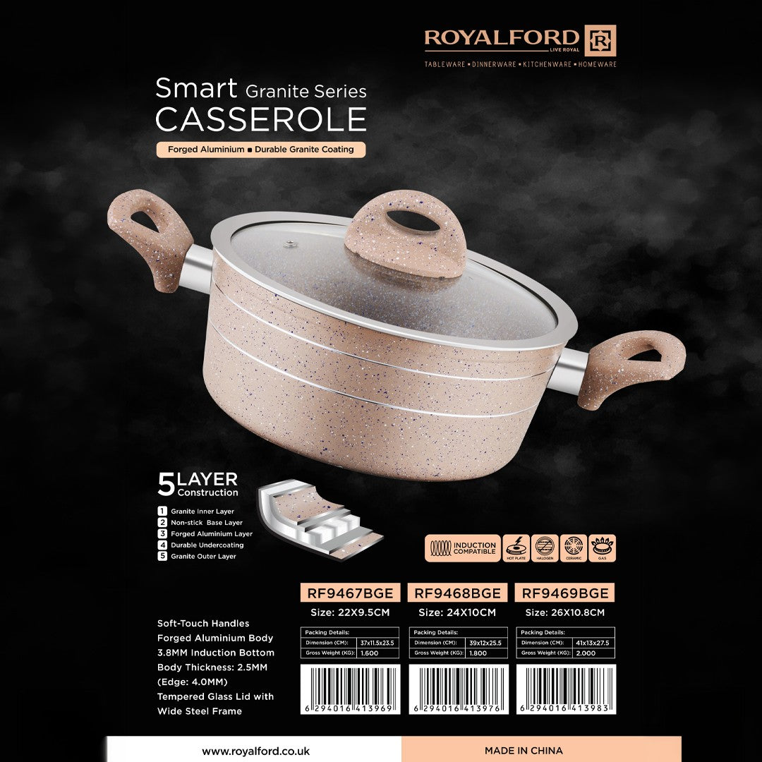 Royalford RF9468BGE Smart Granite Series Casserole 24x10cm |  Forged Aluminium Granite Coated Induction Compatible Casserole | Heat-resistant soft-touch handles