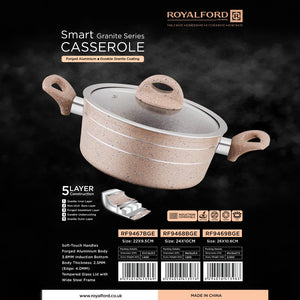 Royalford RF9468BGE Smart Granite Series Casserole 24x10cm |  Forged Aluminium Granite Coated Induction Compatible Casserole | Heat-resistant soft-touch handles