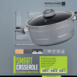Royalford RF9469 Smart Casserole 26x11cm | Forged Aluminium Marble Coated| Induction Compatible Non Stick Casserole | Glass Lid | Soft Touch Handles | Durable Cooking Pot