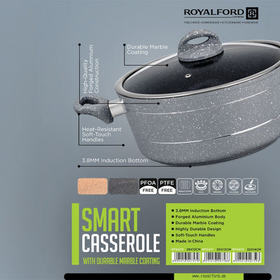 Royalford RF9470 Smart Casserole 28x12cm | Forged Aluminium Body |  Durable Marble Coating | 3.8mm Induction Bottom | Soft Touch Handles | Perfect for Healthy Cooking