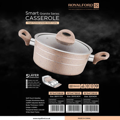 Royalford RF9470BGE Smart Granite Series Casserole | Forged Aluminium Body | 5-Layer Granite Coating | Soft-Touch Handles | Tempered Glass Lid with Wide Steel Frame