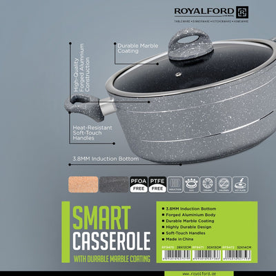 Royalford RF9471 Smart Casserole  30cm Size |  Non Stick Aluminium Body|  Tempered Glass Lid |  Soft Touch Handles |  Perfect for Everyday Home Cooking | Stylish Design