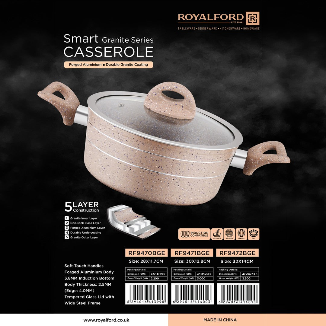 Royalford RF9471BGE Smart Granite Series Casserole 30x12.8cm | Forged Aluminium Body| Durable Granite Coating | 3.8mm Induction Bottom | Soft Touch Handles For Cooking