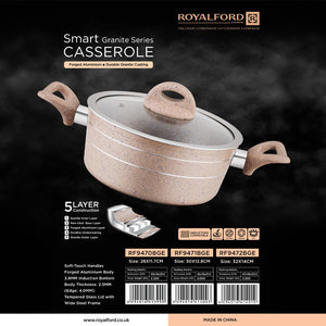 Royalford RF9471BGE Smart Granite Series Casserole 30x12.8cm | Forged Aluminium Body| Durable Granite Coating | 3.8mm Induction Bottom | Soft Touch Handles For Cooking