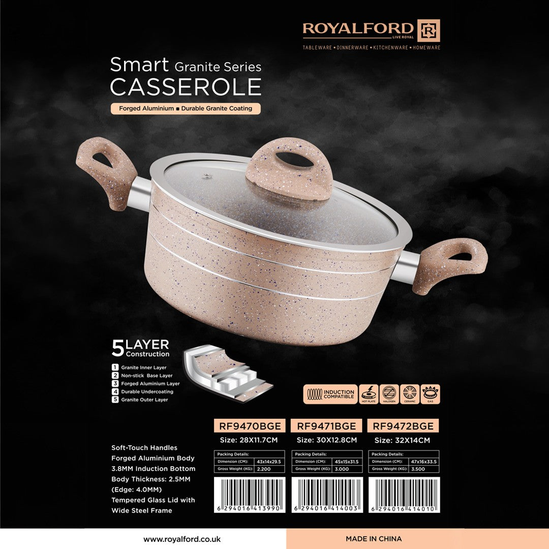 Royalford RF9472BGE Smart Granite Series Casserole 32x14cm | Glass Lid | Forged Aluminium Granite Coated Induction Compatible Casserole for Healthy & Everyday Cooking