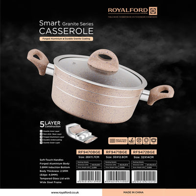 Royalford RF9472BGE Smart Granite Series Casserole 32x14cm | Glass Lid | Forged Aluminium Granite Coated Induction Compatible Casserole for Healthy & Everyday Cooking
