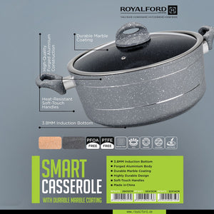 Royalford RF9472 Smart Casserole 32x14cm | Durable Marble Coating | Forged Aluminium Body | 3.8mm Induction Bottom | Soft Touch Handles for Everyday Healthy Cooking