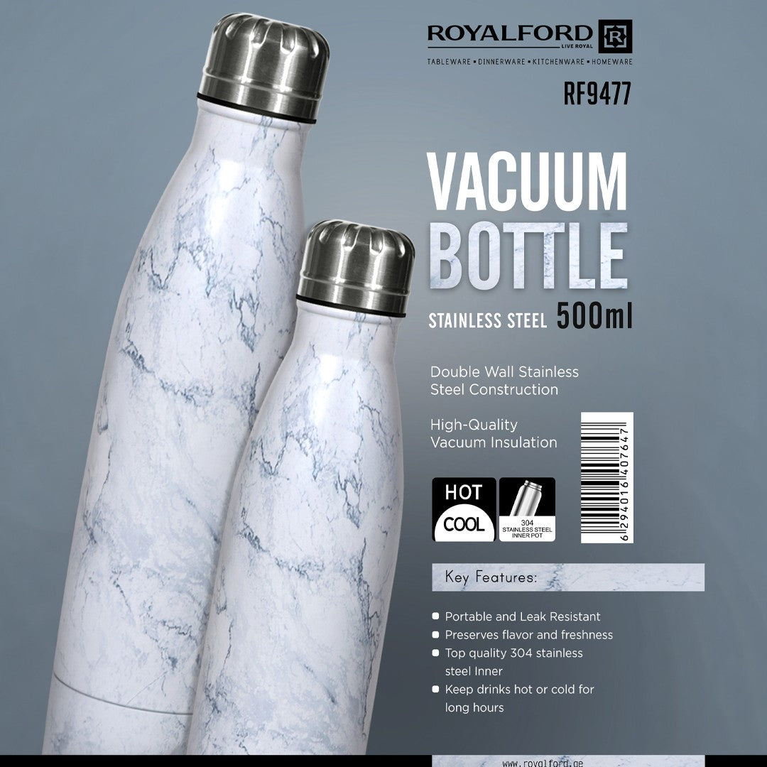 Royalford RF9477 Vacuum Bottle 500ml |  Stainless Steel Hot & Cold Insulated Water Bottle |  Double Wall Vacuum Insulation|  Leak Resistant Design & 304 Food Grade Inner