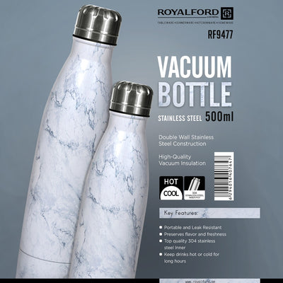 Royalford RF9477 Vacuum Bottle 500ml |  Stainless Steel Hot & Cold Insulated Water Bottle |  Double Wall Vacuum Insulation|  Leak Resistant Design & 304 Food Grade Inner