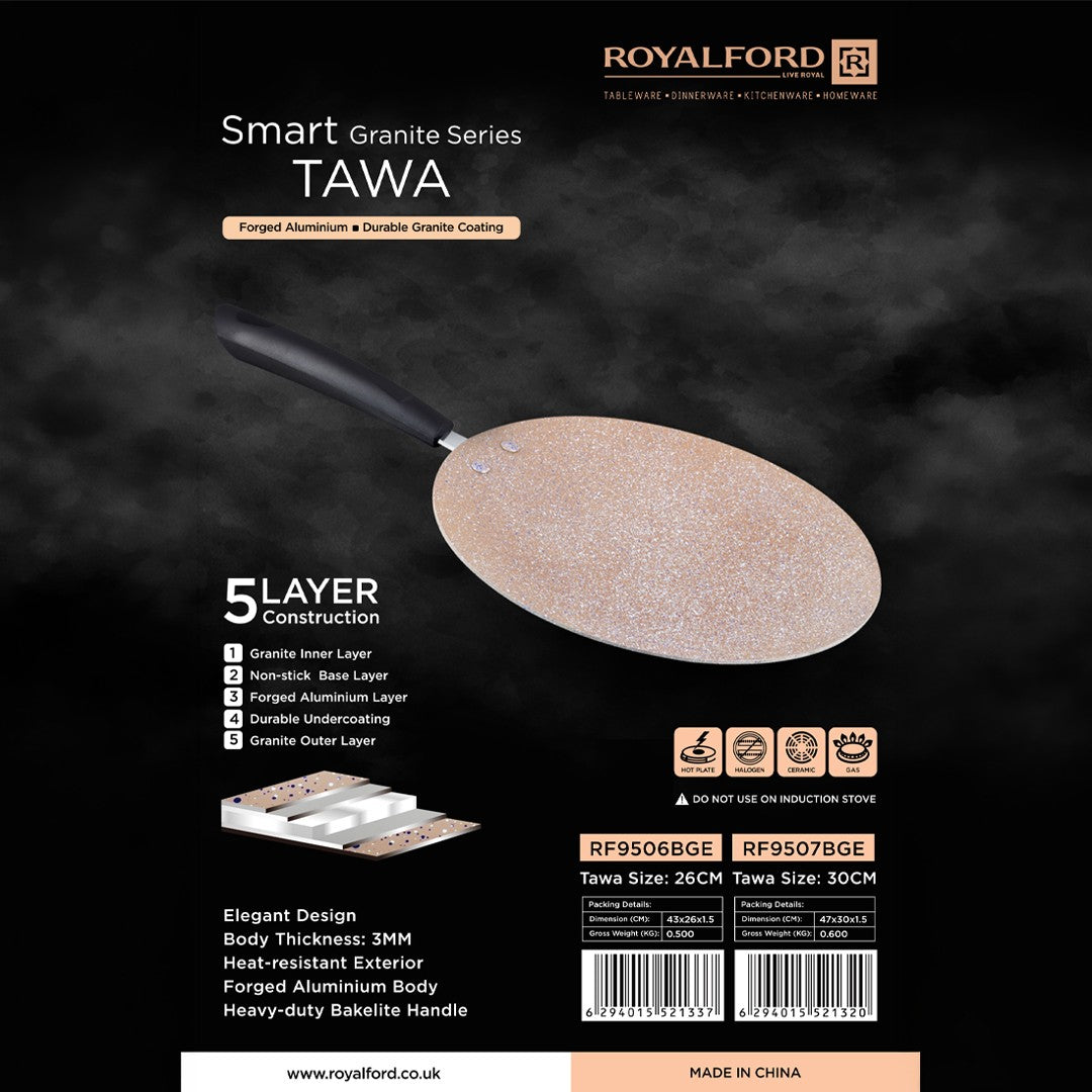 Royalford RF9506BGE Smart Granite Series Tawa | Durable  5-Layer Non-Stick Forged Aluminium Flat Tawa 26cm | 3mm Thick Body | Heat Resistant Exterior & Bakelite Handle