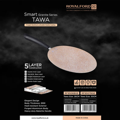Royalford RF9506BGE Smart Granite Series Tawa | Durable  5-Layer Non-Stick Forged Aluminium Flat Tawa 26cm | 3mm Thick Body | Heat Resistant Exterior & Bakelite Handle