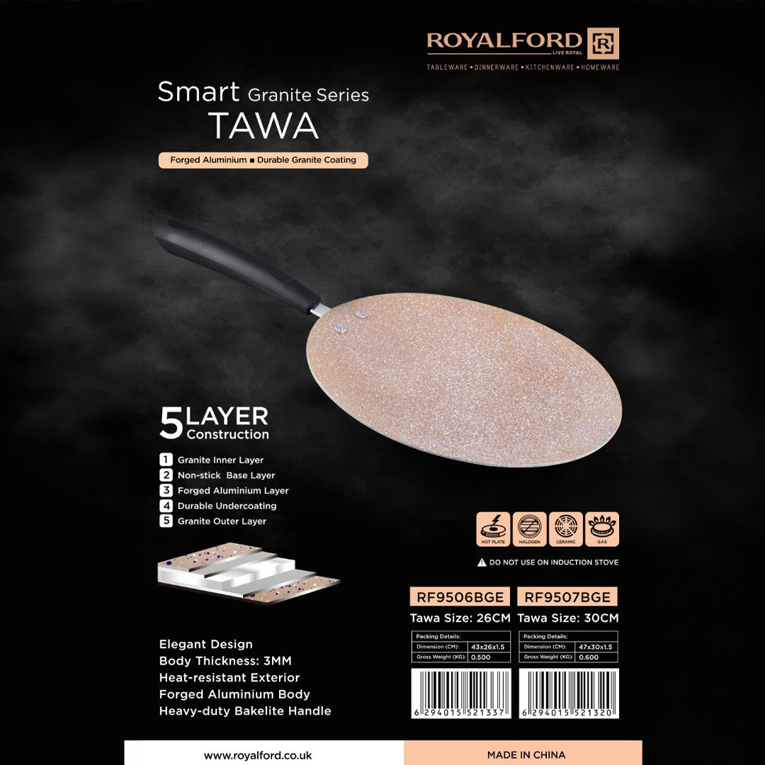 Royalford RF9507BGE Smart Granite Series 30cm Tawa | 5-Layer Non-Stick Forged Aluminium Flat Tawa | 3mm Thick Body | Perfect for Roti, Dosa, Pancake & Healthy Cooking