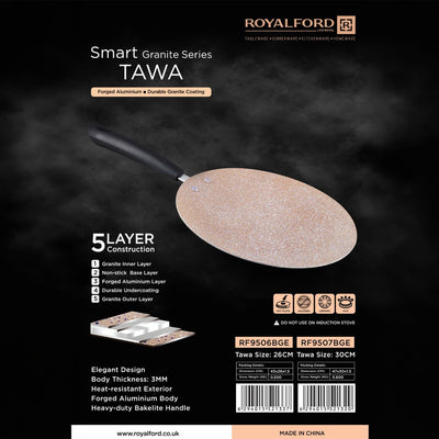 Royalford RF9507BGE Smart Granite Series 30cm Tawa | 5-Layer Non-Stick Forged Aluminium Flat Tawa | 3mm Thick Body | Perfect for Roti, Dosa, Pancake & Healthy Cooking