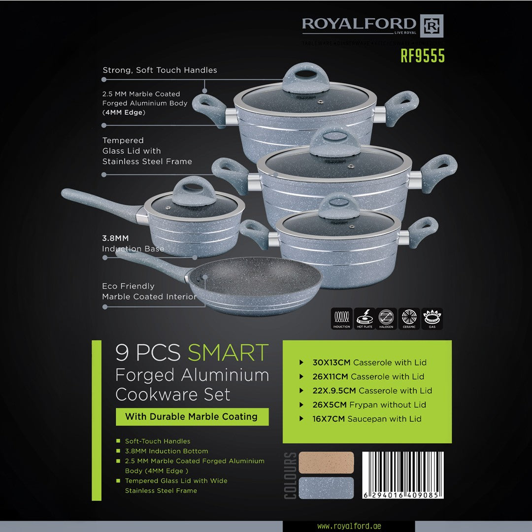 Royalford RF9555 Smart Granite 9 PCS Forged Aluminium Cookware Set with Lids | Durable Design | Marble Coated Interior | 3.8mm Induction Base | Soft Touch Handles