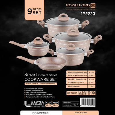 Royalford RF9555BGE Smart Granite Series 9 Pieces Cookware Set with Lids | Forged Aluminium Granite Coating | Induction Compatible | PTFE & PFOA Free |Tempered Glass Lids