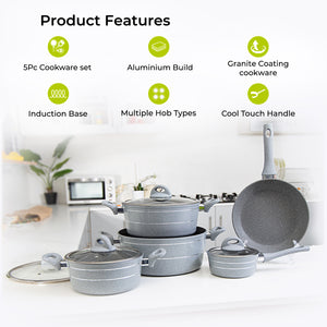 Royalford RF9555 Smart Granite 9 PCS Forged Aluminium Cookware Set with Lids | Durable Design | Marble Coated Interior | 3.8mm Induction Base | Soft Touch Handles