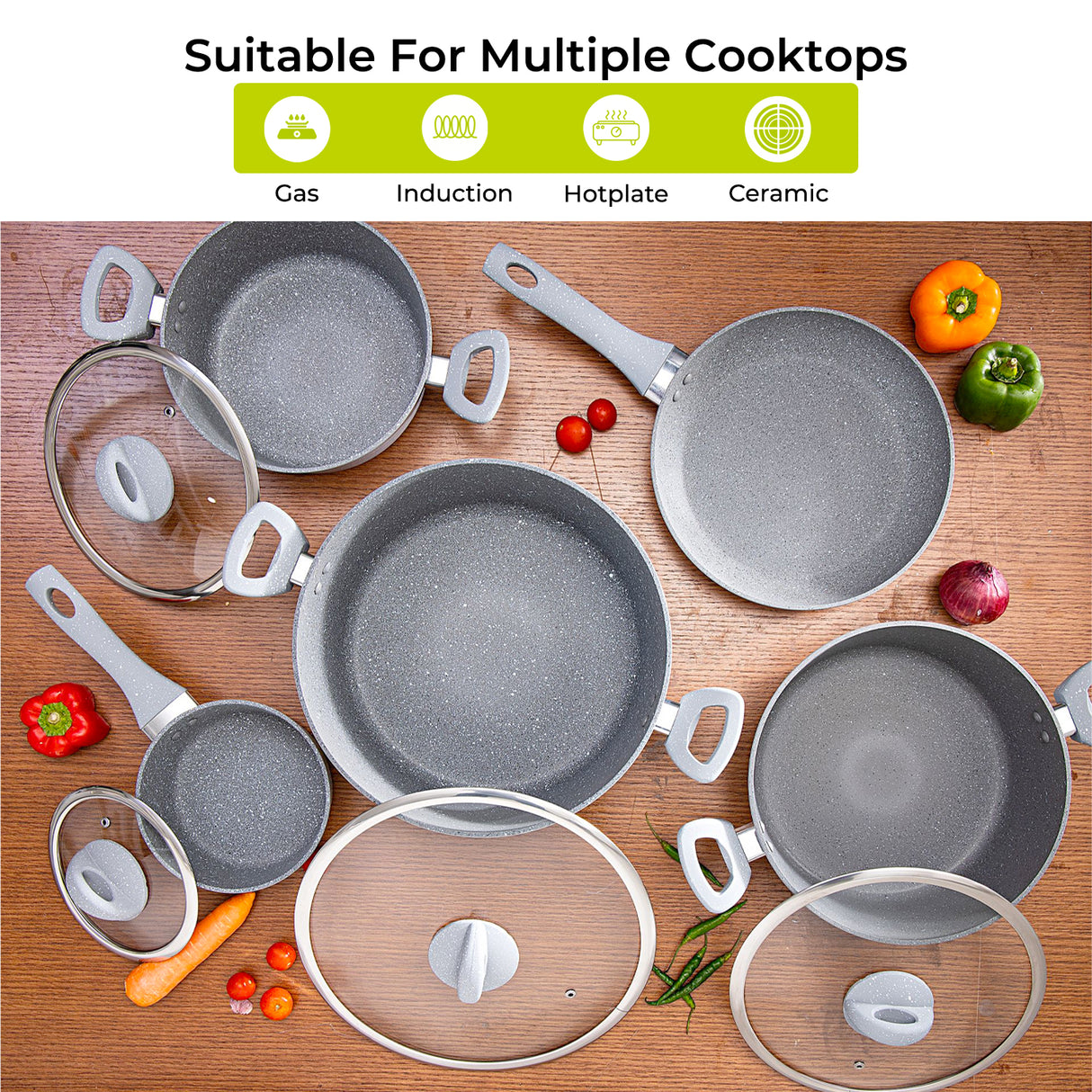 Royalford RF9555 Smart Granite 9 PCS Forged Aluminium Cookware Set with Lids | Durable Design | Marble Coated Interior | 3.8mm Induction Base | Soft Touch Handles