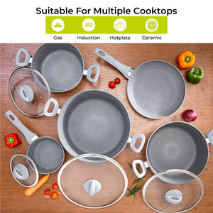 Royalford RF9555 Smart Granite 9 PCS Forged Aluminium Cookware Set with Lids | Durable Design | Marble Coated Interior | 3.8mm Induction Base | Soft Touch Handles